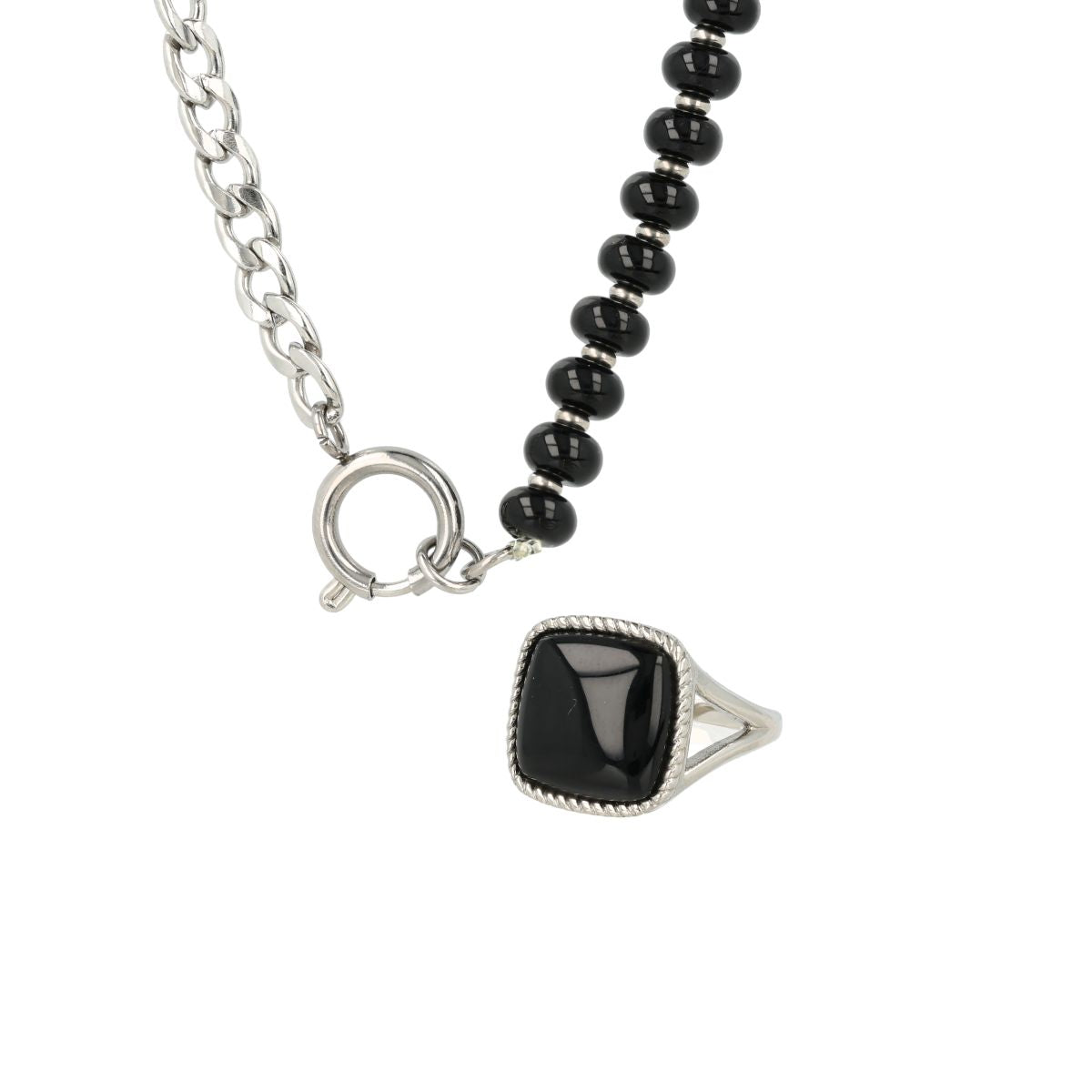 Silberfarbiges Set mit schwarzem Onyx-Edelstein – Ring und Kette
