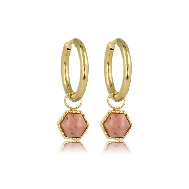 Gold Hexagon Earrings with Rhodonite