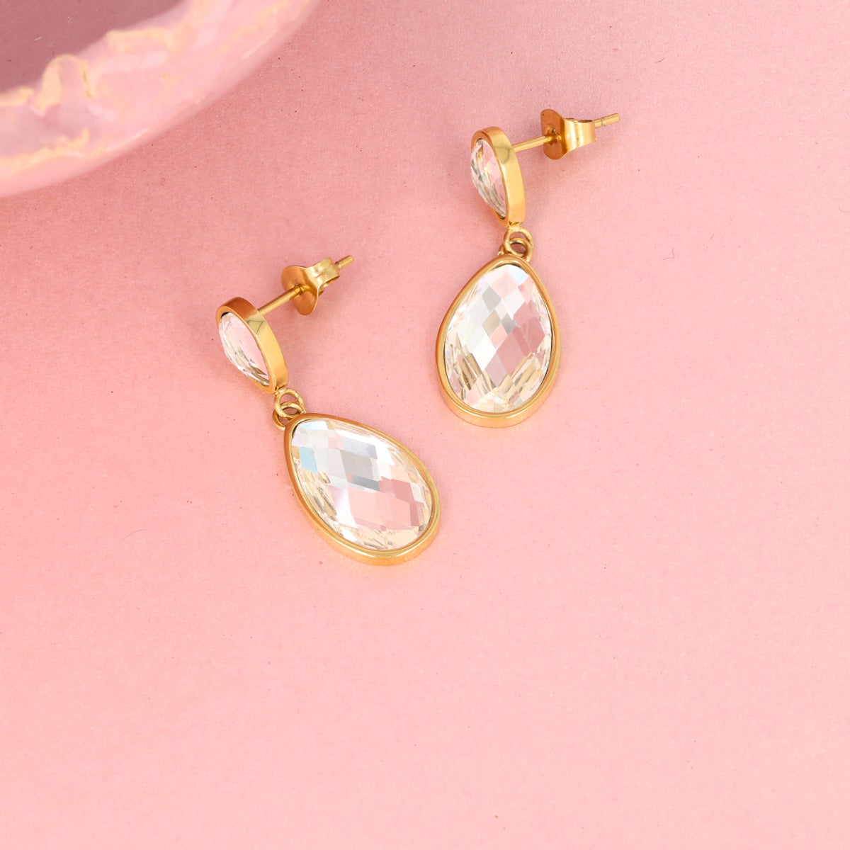 Elegant Gold Earrings with White Crystal Drop