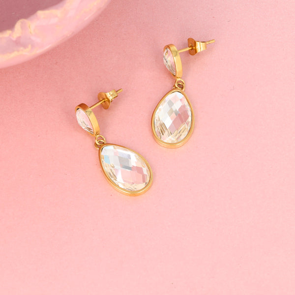 Elegant Gold Earrings with White Crystal Drop