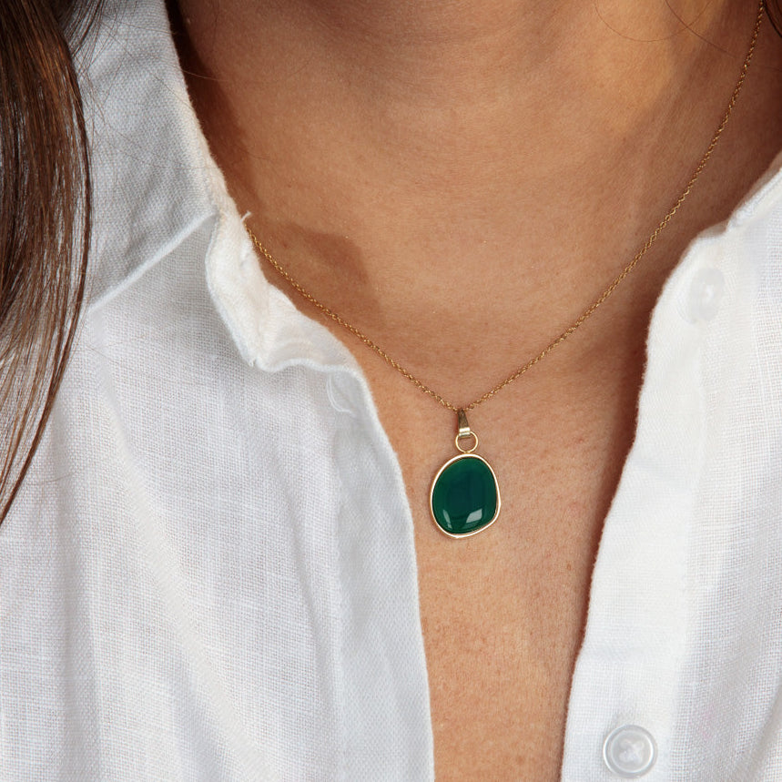 Gold Chain with Green Agate Pendant - Unique Gemstone