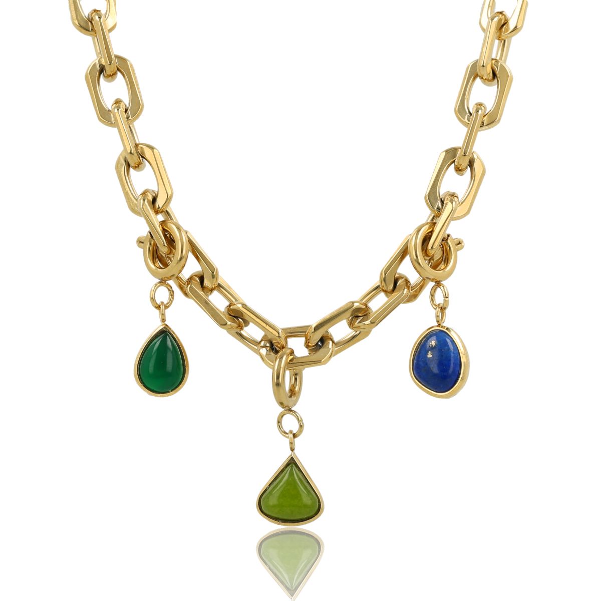 Grove schakelketting met drie edelstenen bedels