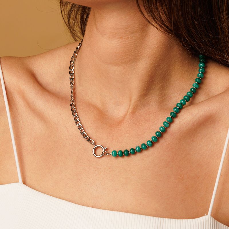 Silver Link Chain with Green Agate Gemstones