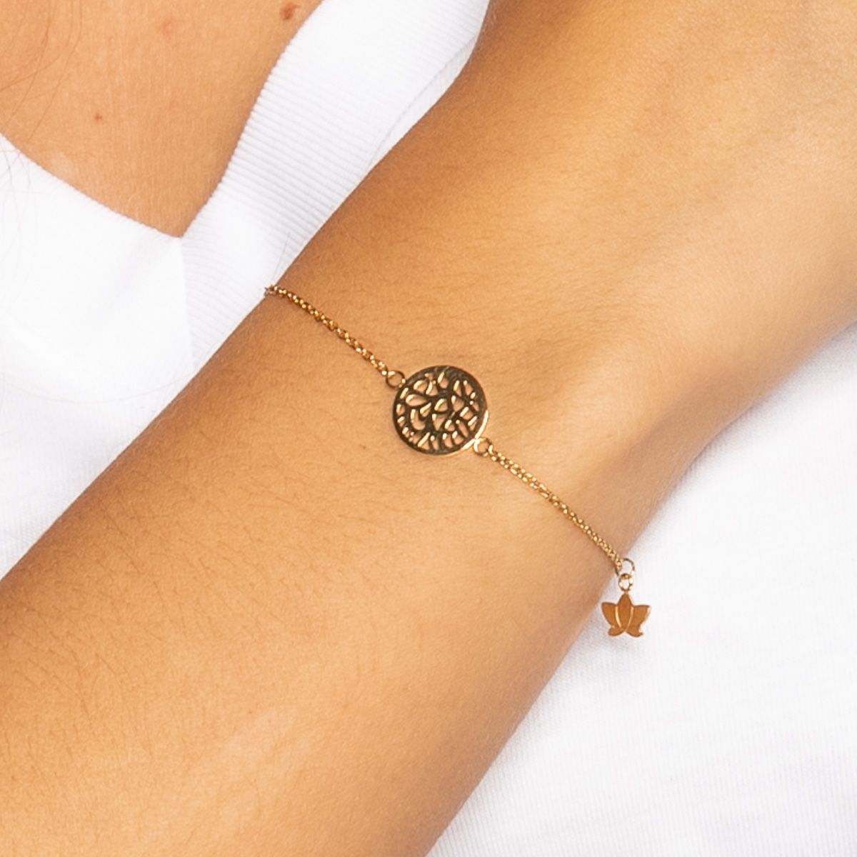 Adjustable Gold Bracelet with Lotus Flower Charm