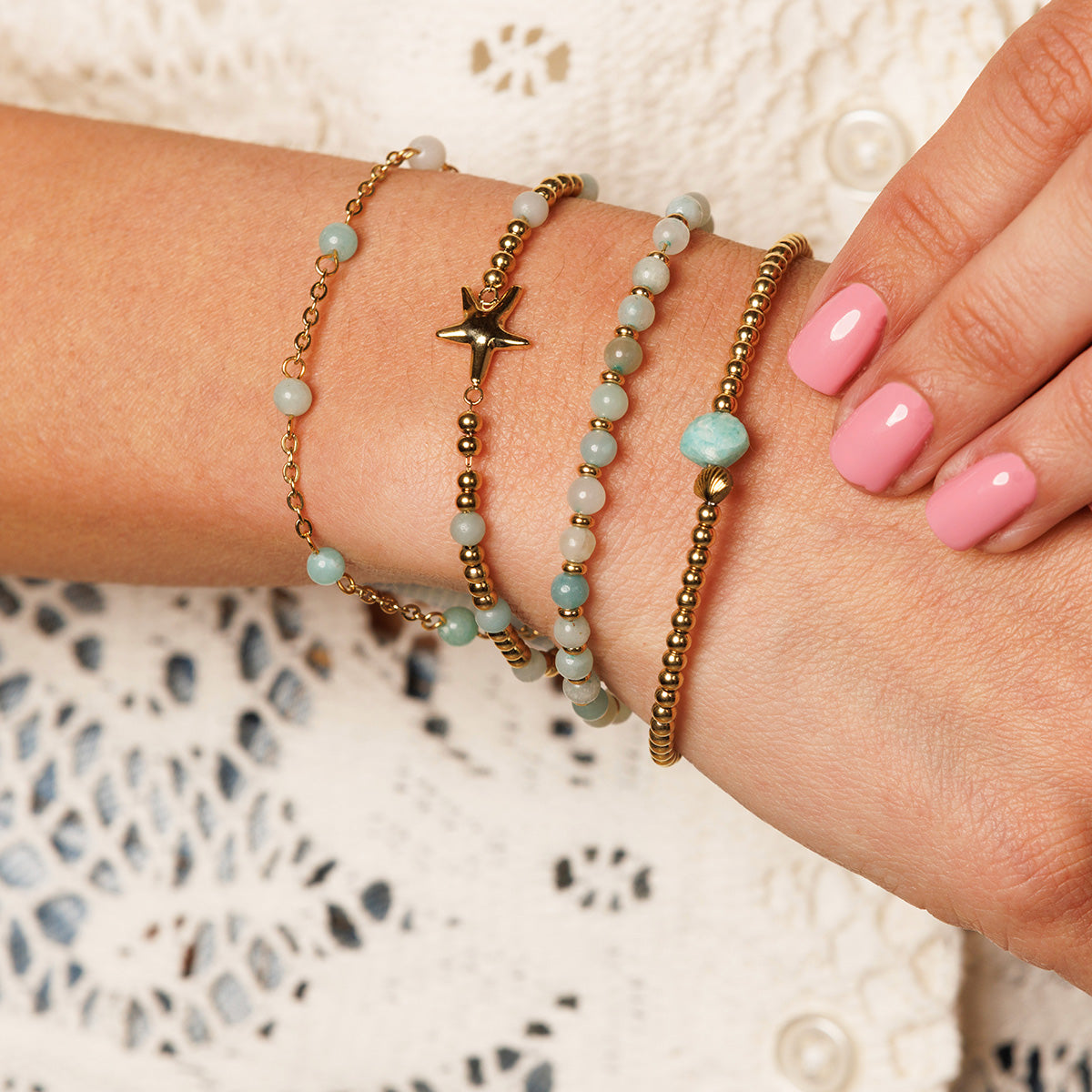 Amazonite Shell Bracelet with Golden Beads