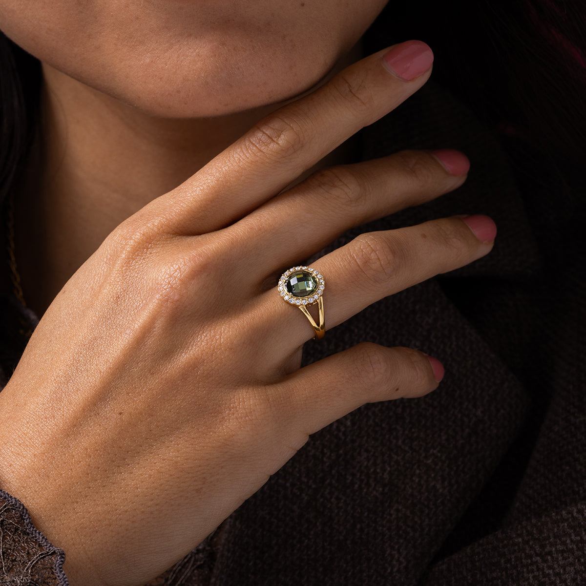 Groene glassteen ring met zirkonia - My Bendel