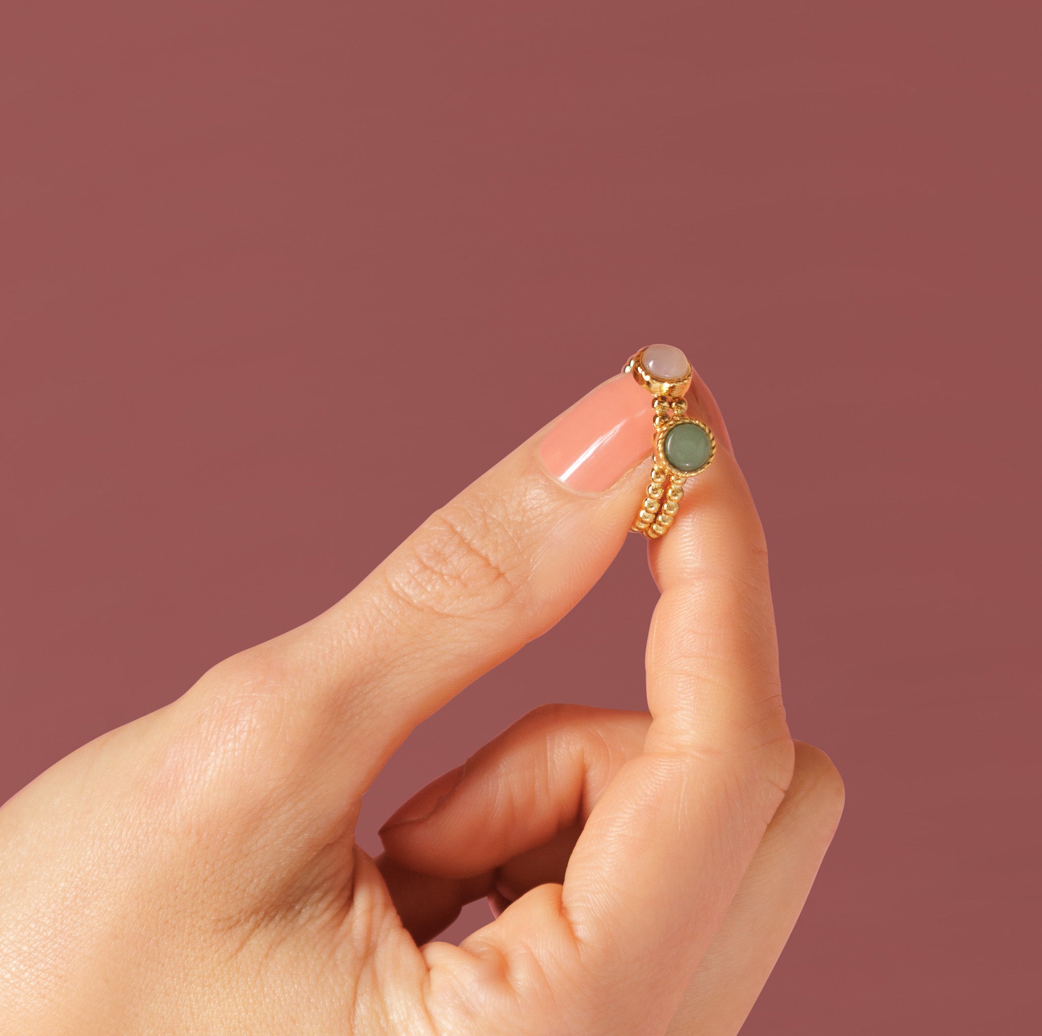 Beaded Ring with Round Gemstone • Rose Quartz