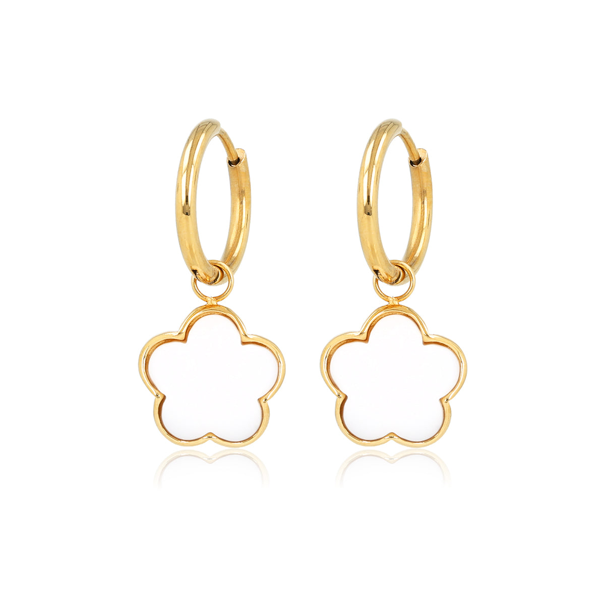 Golden Earring with White Aventurine Pendant in Flower Pattern - Gold-Colored & White