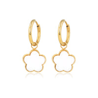 Golden Earring with White Aventurine Pendant in Flower Pattern - Gold-Colored & White