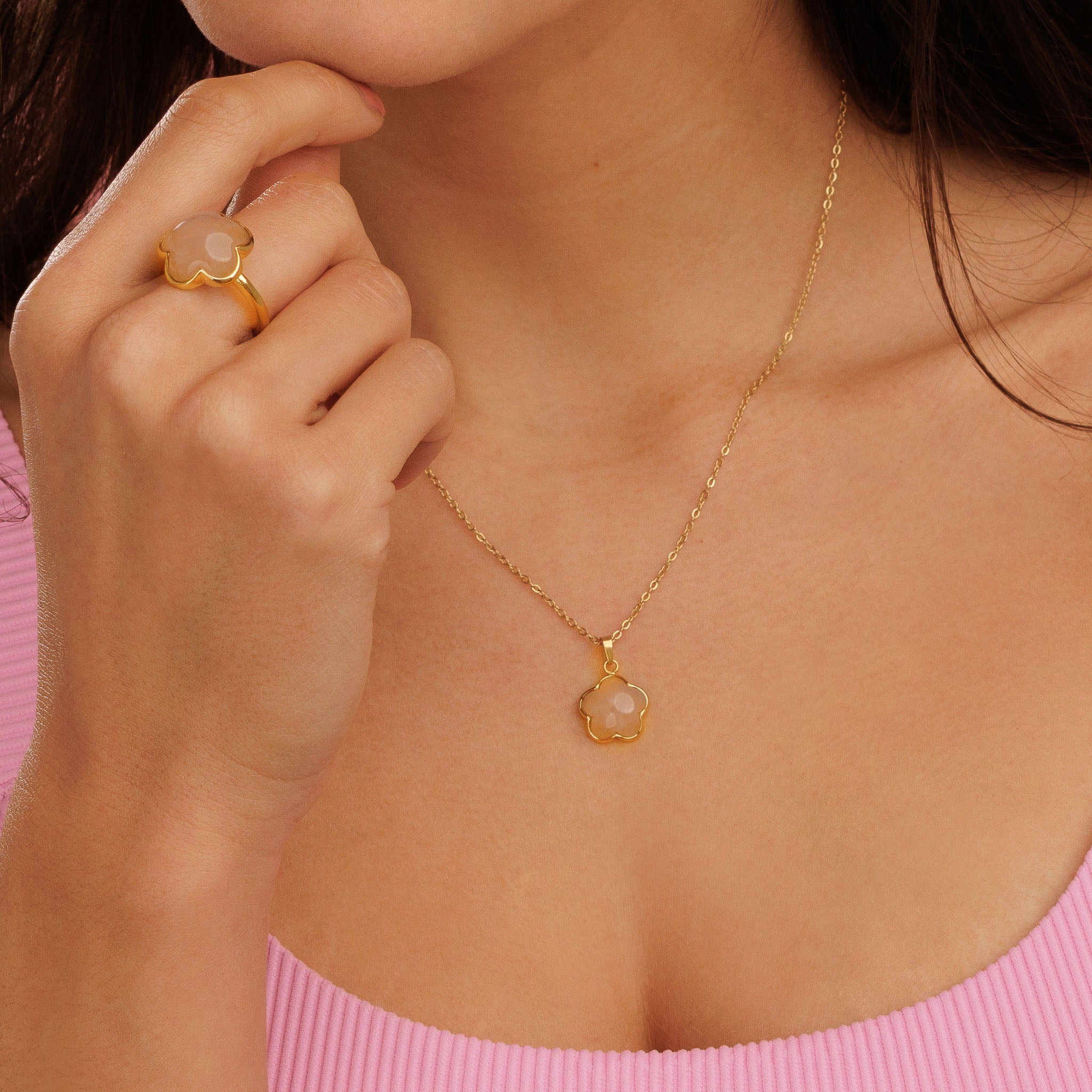 Necklace with Flower Pendant • Rose Quartz