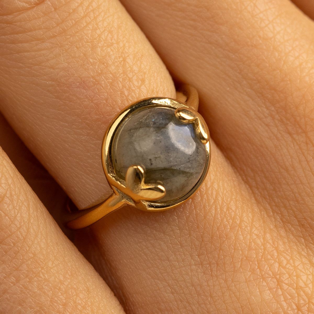 Ring met Hartjesdetail en Ronde Edelsteen • Labradorite