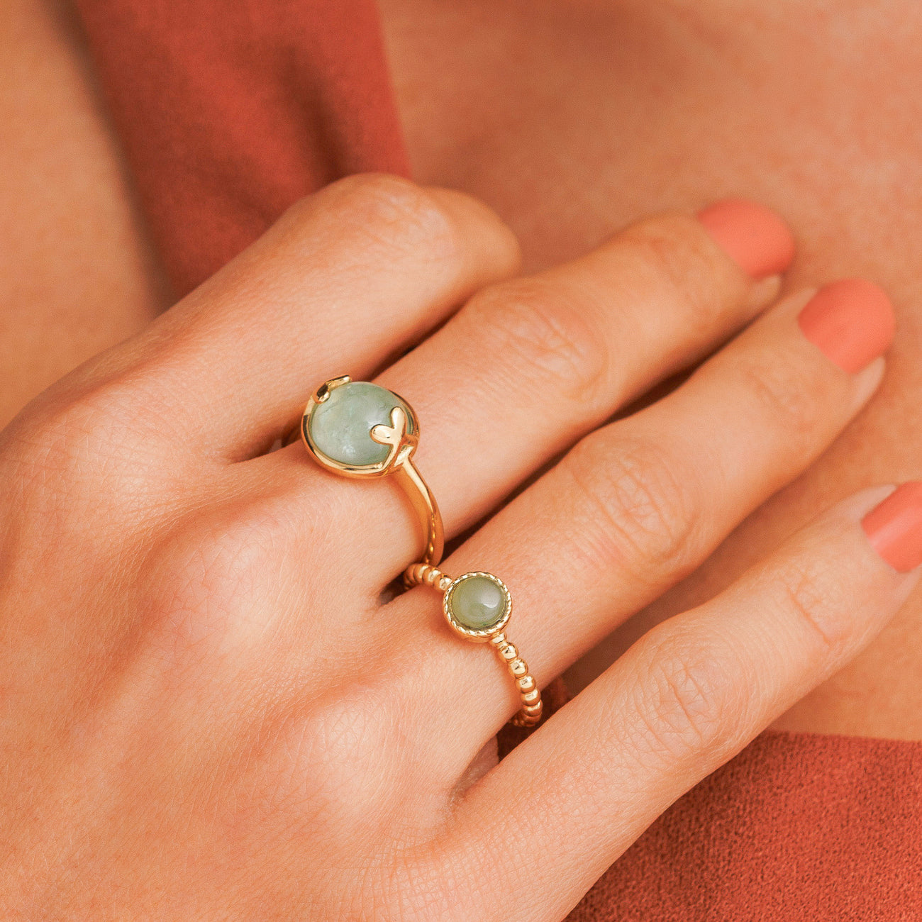 Green Aventurine Ring with Beads - Gold-Colored & Green