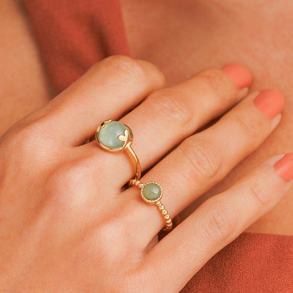 Green Aventurine Ring with Beads - Gold-Colored & Green