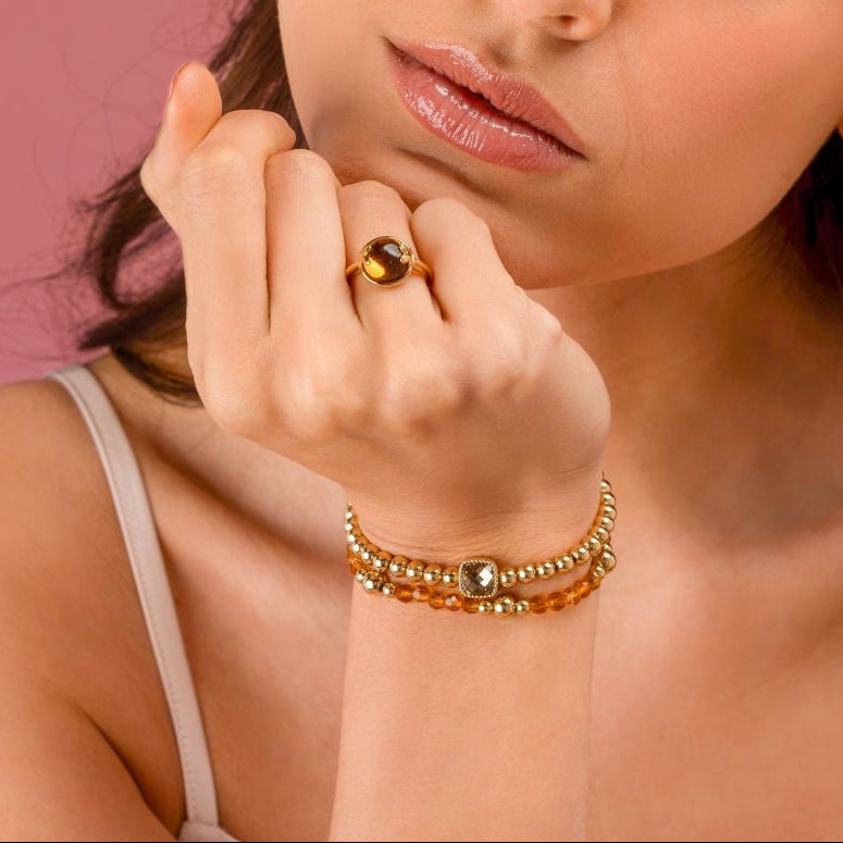 Elastic Beaded Bracelet with Square Crystal Glass - Amber & Gold-Colored