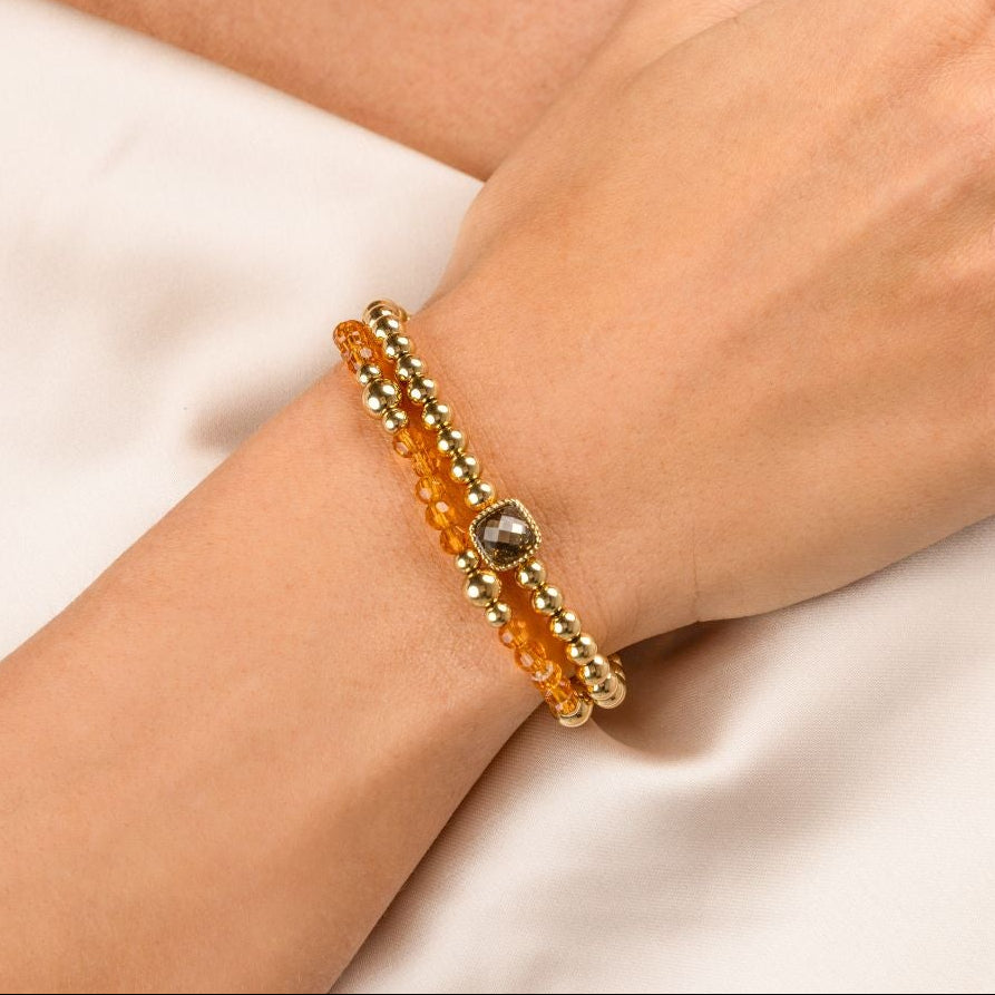Elastic Beaded Bracelet with Square Crystal Glass - Amber & Gold-Colored