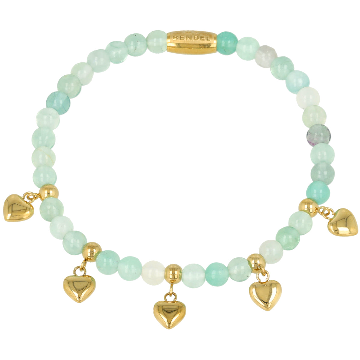 Green Fluorite Kralenarmband met Gouden Harten Bedels - Elastisch