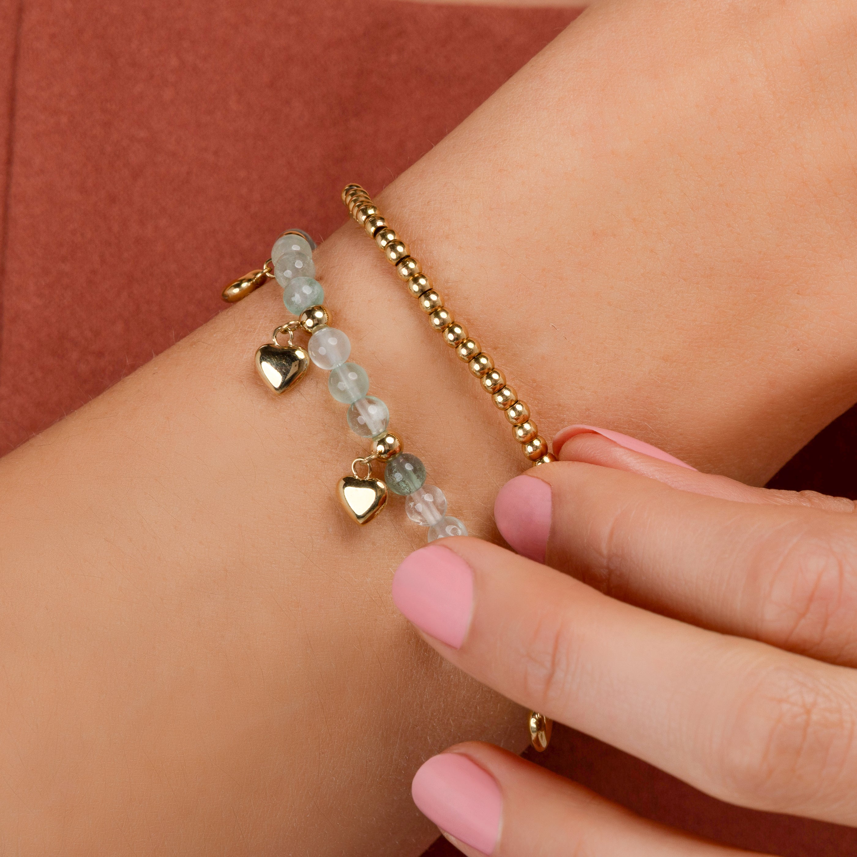 Armband mit Herzanhängern • Grüner Fluorit