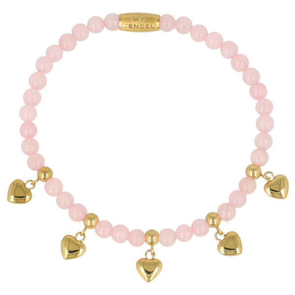 Rose Quartz Kralenarmband met Gouden Harten Bedels - Elastisch