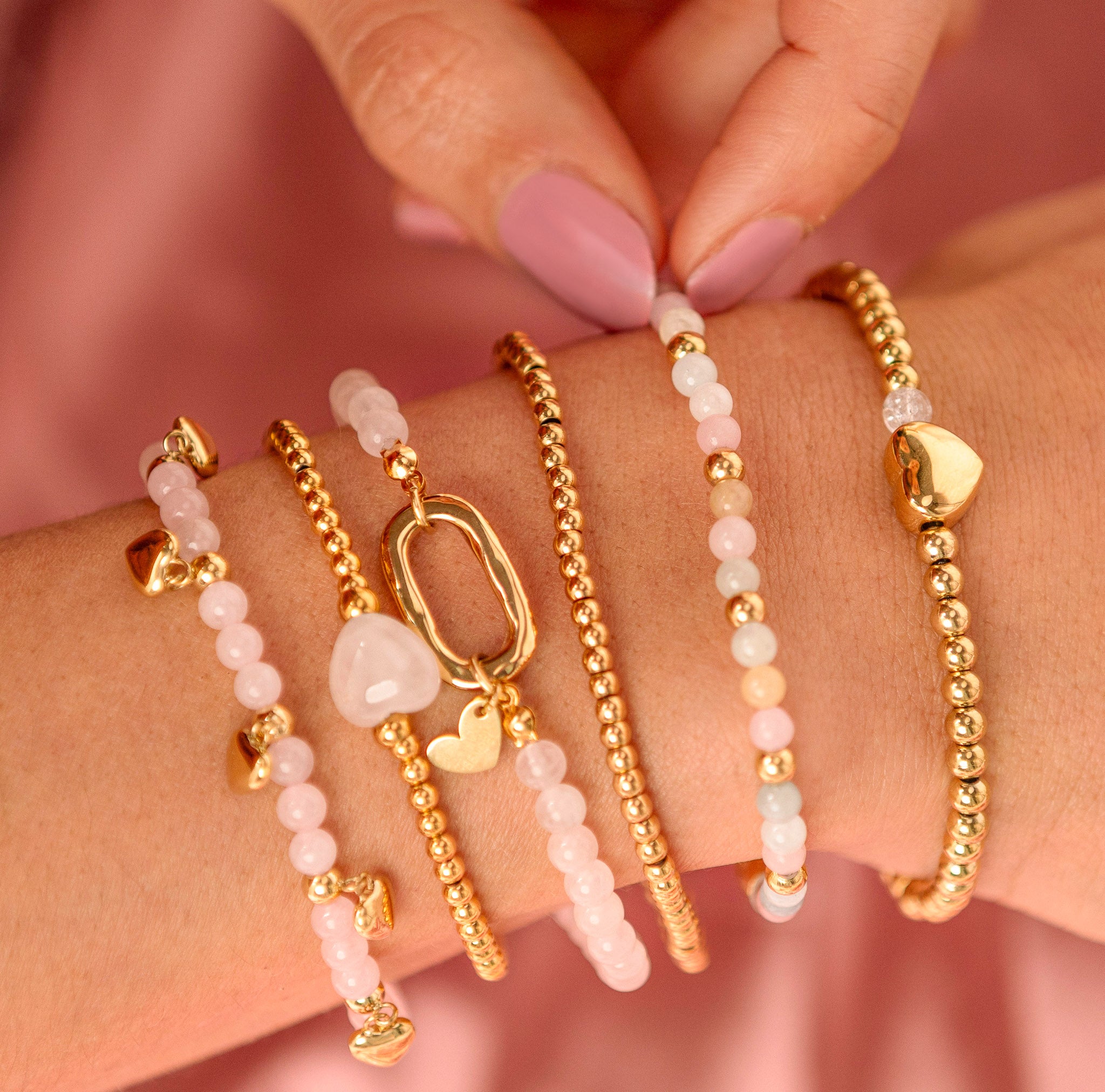 Armband met Harten Bedels • Rose Quartz