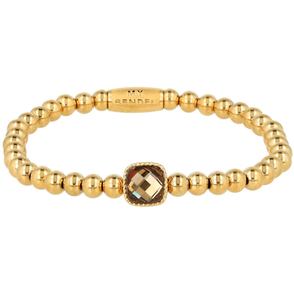 Elastic Beaded Bracelet with Square Crystal Glass - Smoky Topaz & Gold-Colored
