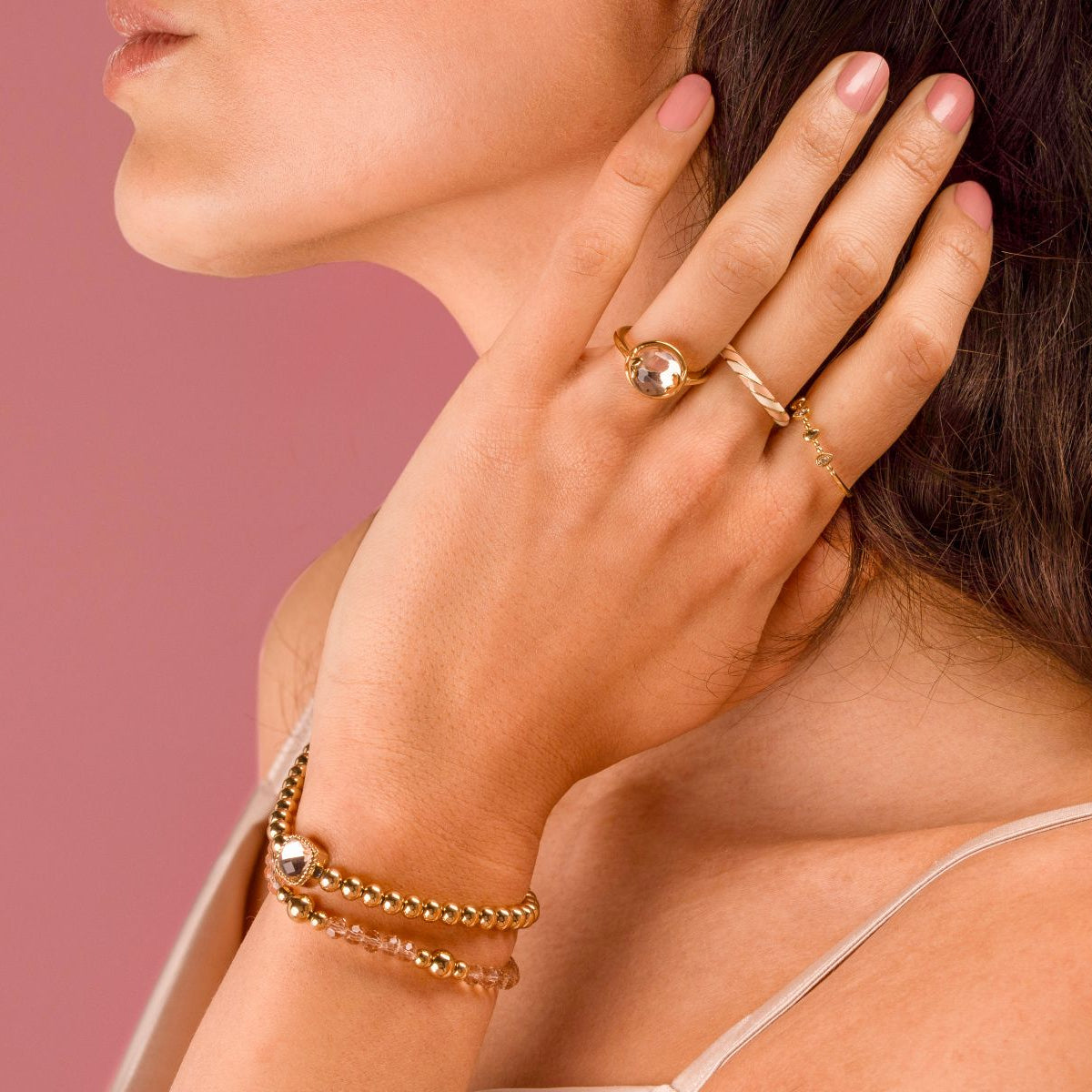 Elastic Beaded Bracelet with Square Crystal Glass - Smoky Topaz & Gold-Colored