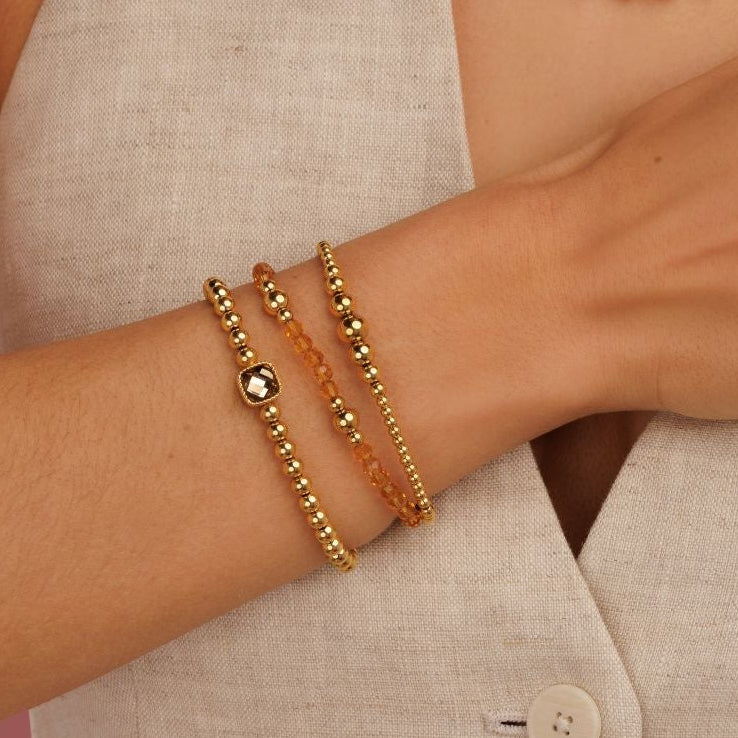 Elastic Beaded Bracelet with Square Crystal Glass - Smoky Topaz & Gold-Colored