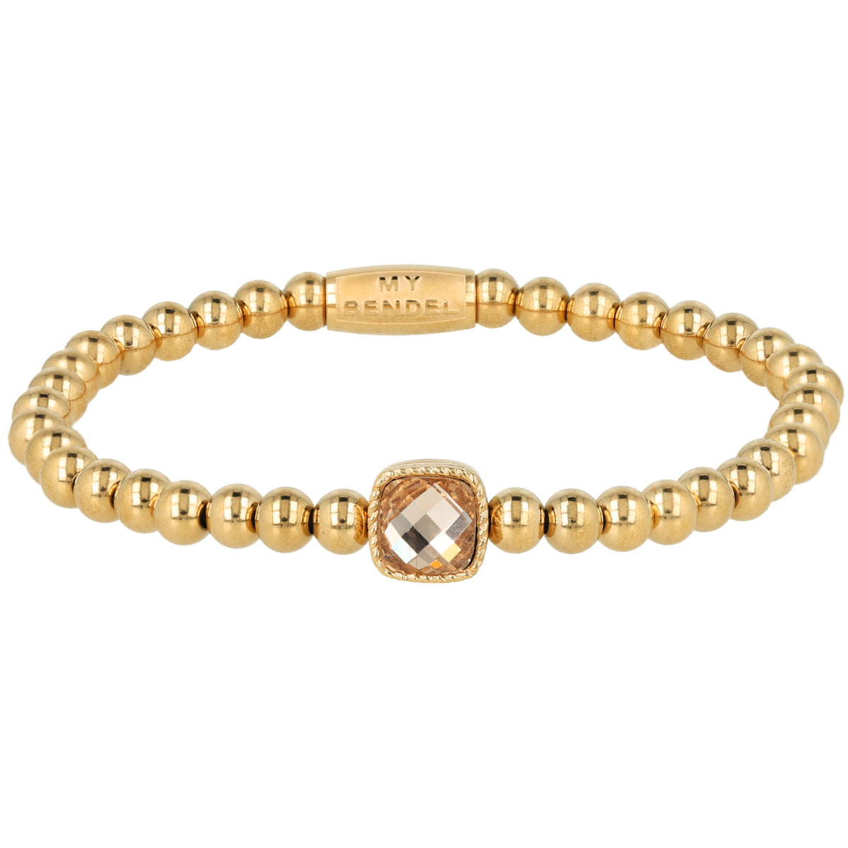 Elastic Beaded Bracelet with Square Crystal Glass - Amber & Gold-Colored