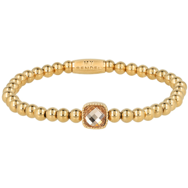 Elastische Kralenarmband met Vierkante Kristalglas - Amber & Goudkleurig