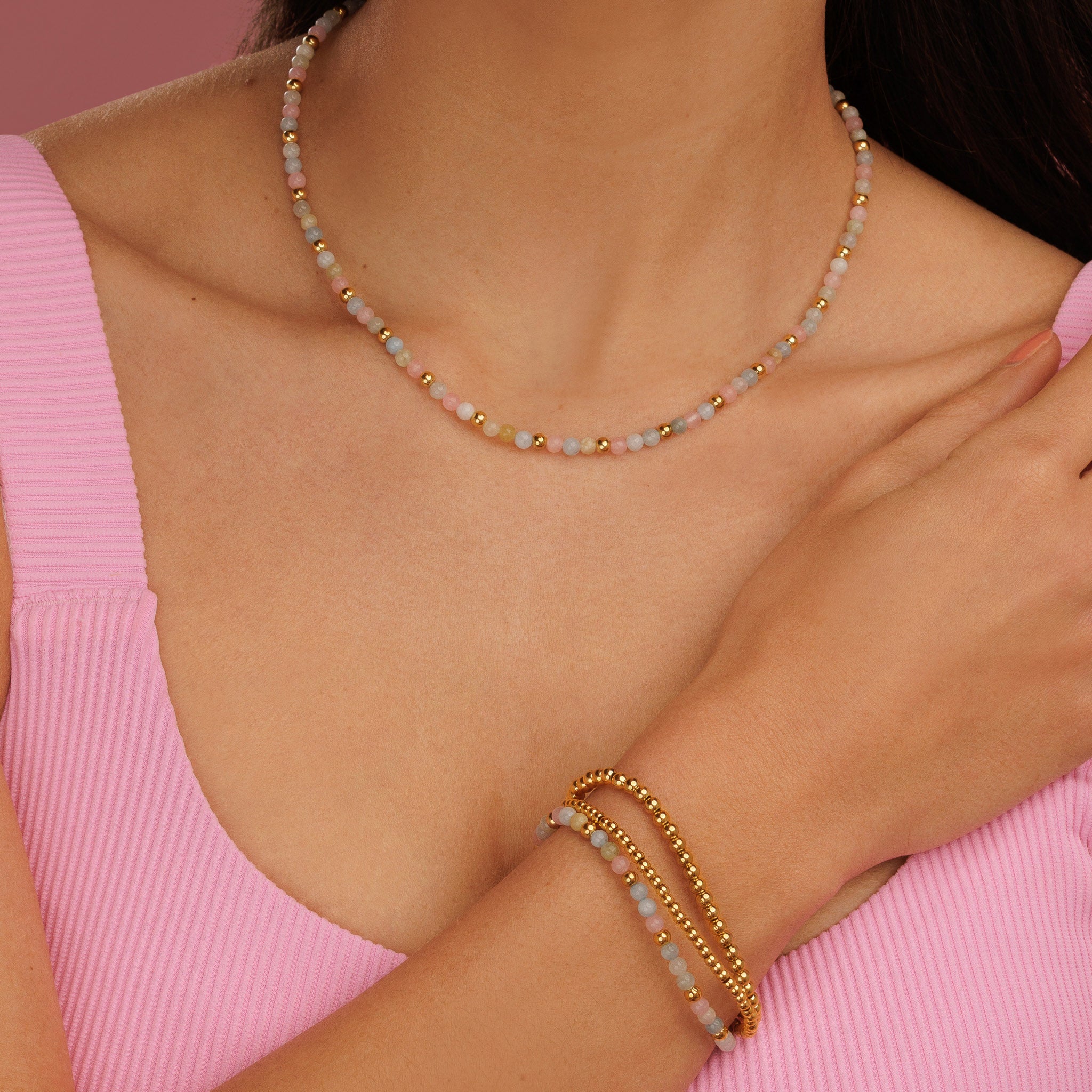 Elastic Beaded Bracelet with Various Gemstones • Rose Quartz, Morganite & Moonstone