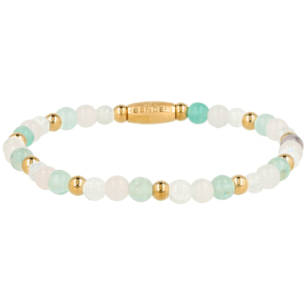 Elastisches Perlenarmband mit verschiedenen Edelsteinen – Rosenquarz, Weißer Quarz und Fluorit