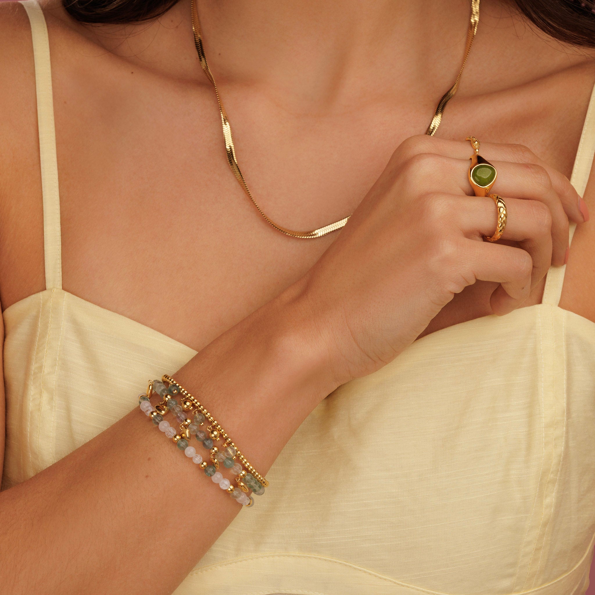 Elastic Beaded Bracelet with Round Charms - Gold-Colored & Green Fluorite