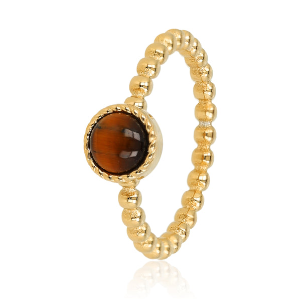 Tiger Eye Ring met Bolletjes - Goudkleurig & Bruin