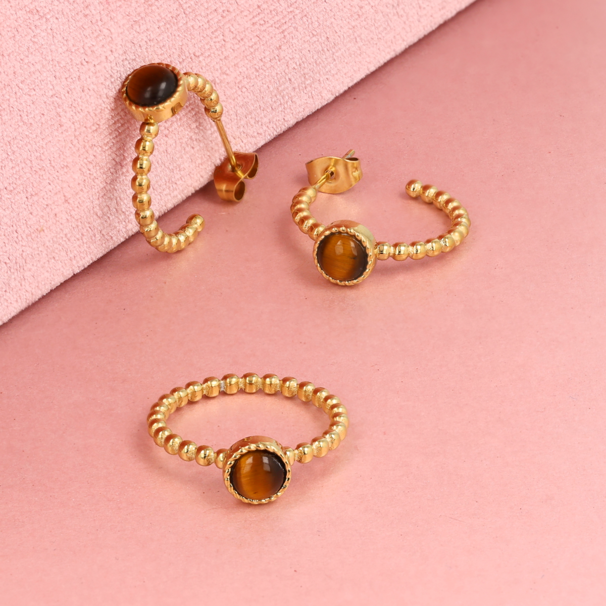 Tiger Eye Ring met Bolletjes - Goudkleurig & Bruin