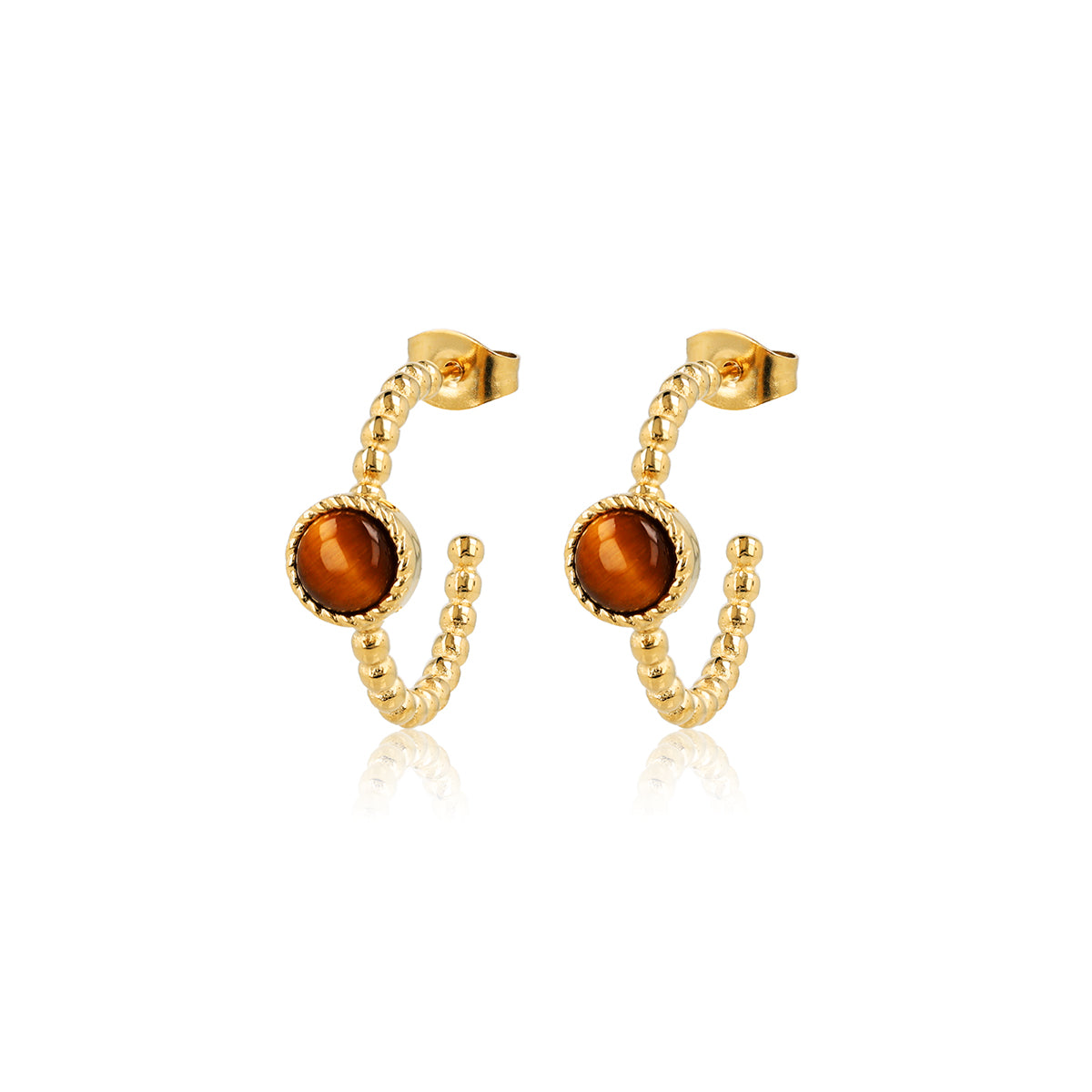 Beaded Hoop Earring with Round Gemstone • Tiger Eye