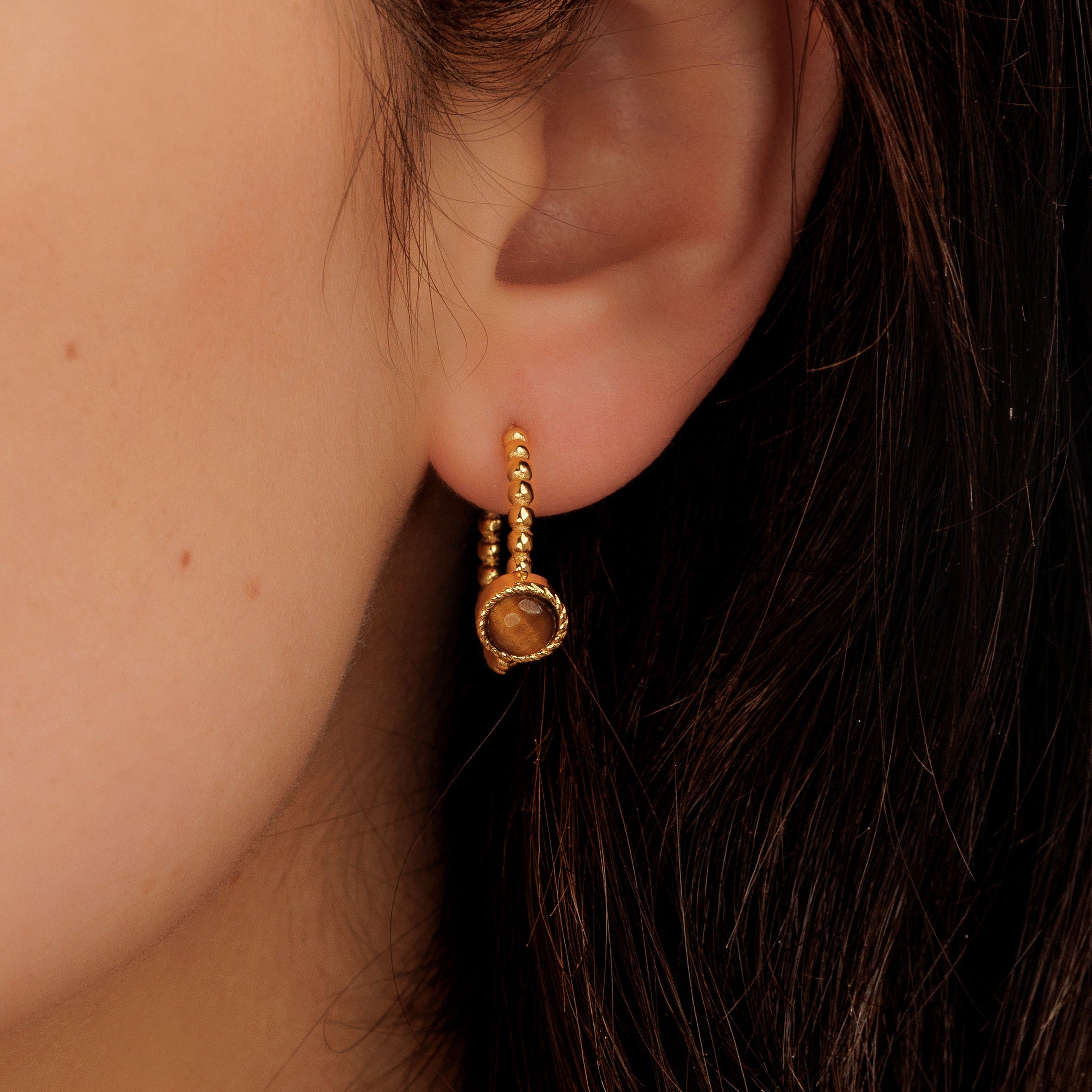 Beaded Hoop Earring with Round Gemstone • Tiger Eye