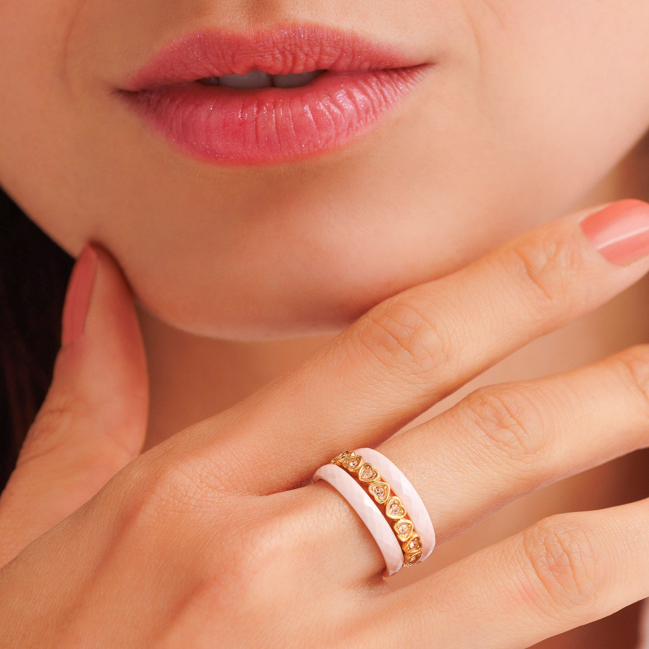 Hartjes Ring met Zirkonia Stenen - Goudkleurig & Champagne