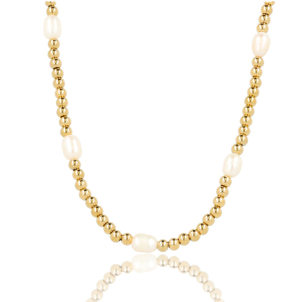 Golden Beaded Necklace with Genuine Freshwater Pearls