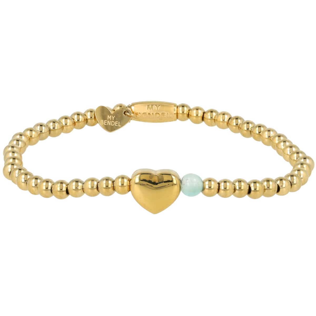 Golden Beaded Bracelet with Heart and Precious Stone - Green Fluorite