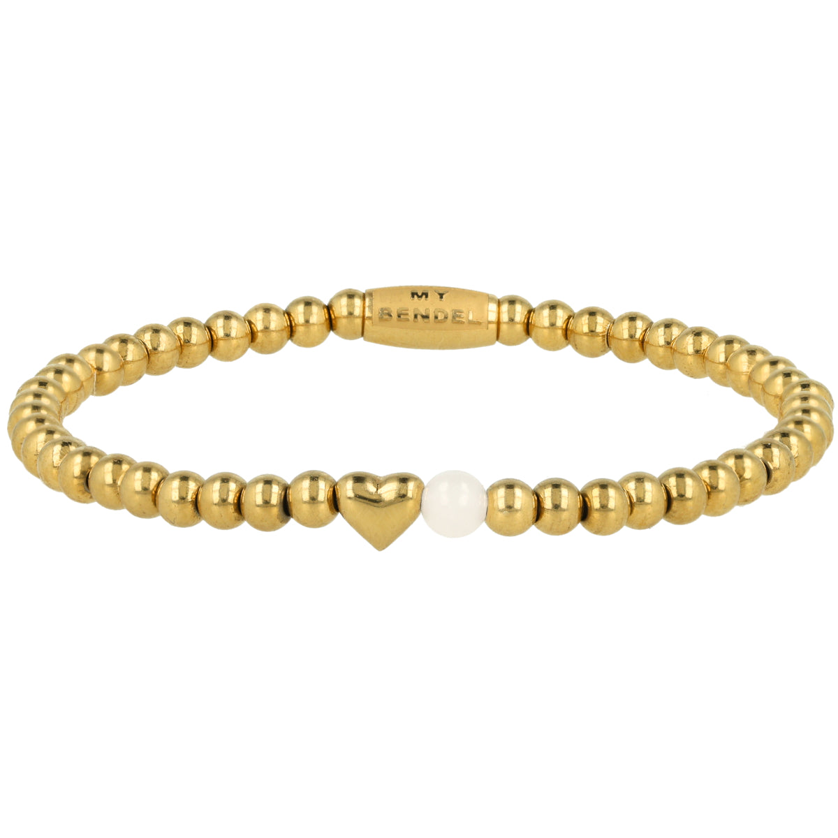 Golden Beaded Bracelet with Heart and Precious Stone - White Quartz