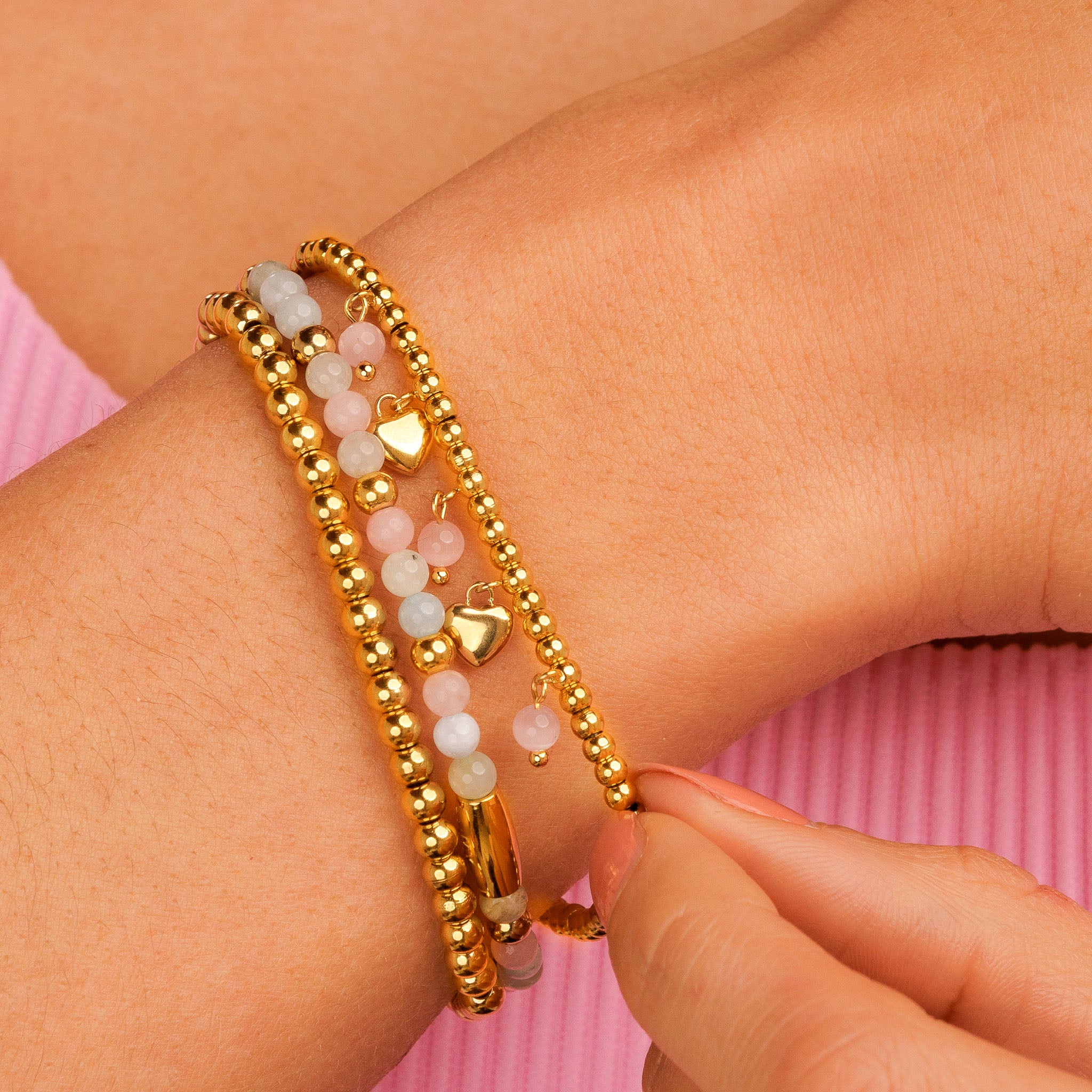 Elastic Beaded Bracelet with Various Gemstones • Rose Quartz, Morganite & Moonstone