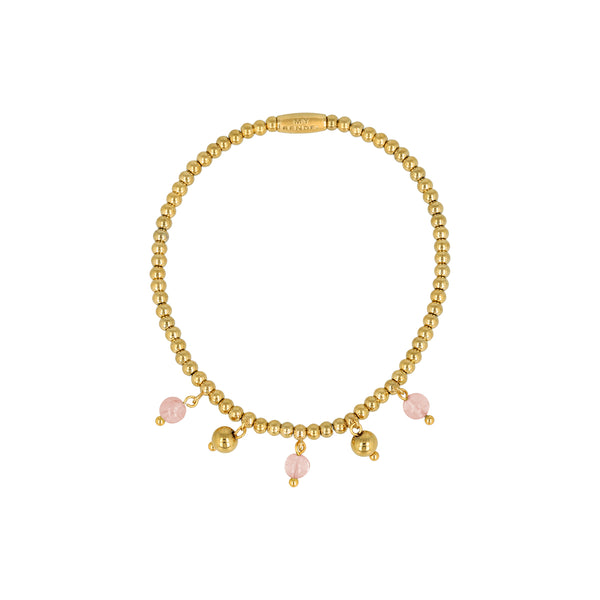 Elastic Beaded Bracelet with Round Charms - Gold-Colored & Rose Quartz