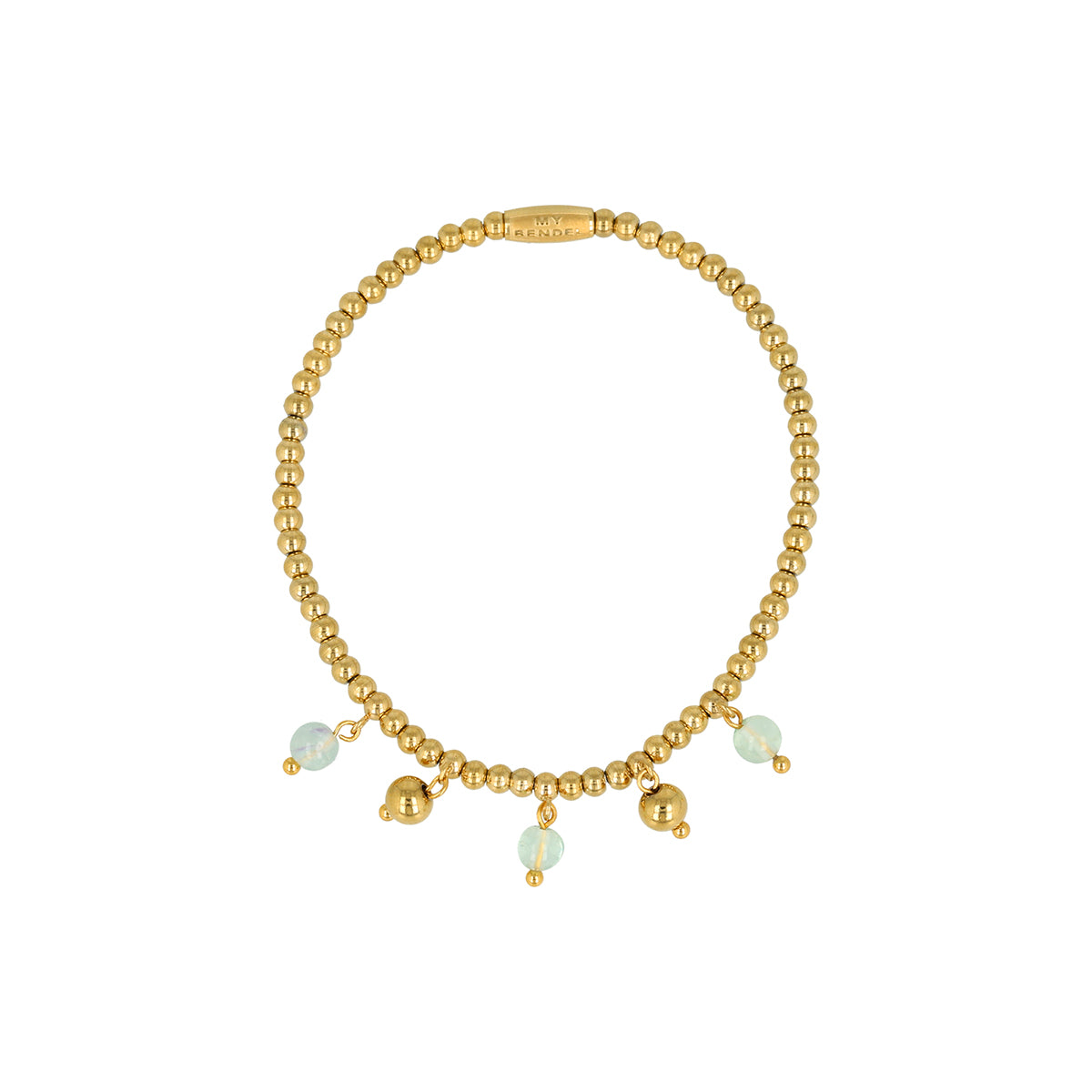 Elastic Beaded Bracelet with Round Charms - Gold-Colored & Green Fluorite