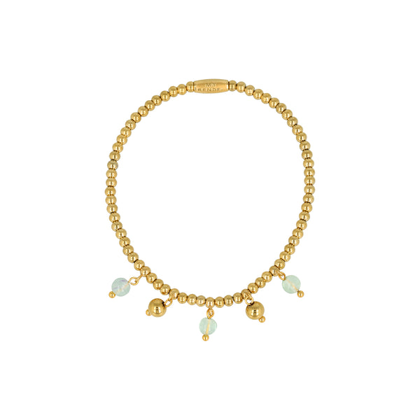 Elastic Beaded Bracelet with Round Charms - Gold-Colored & Green Fluorite