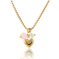 Gouden Schakelketting met Hartenbedel en Edelstenen - Rose Quartz & Green Fluorite