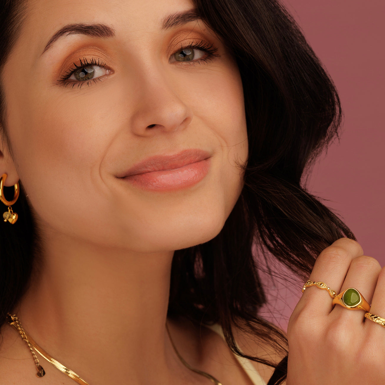 Gouden Oorringen met Hartjes Hanger en Edelsteen - Green Fluorite