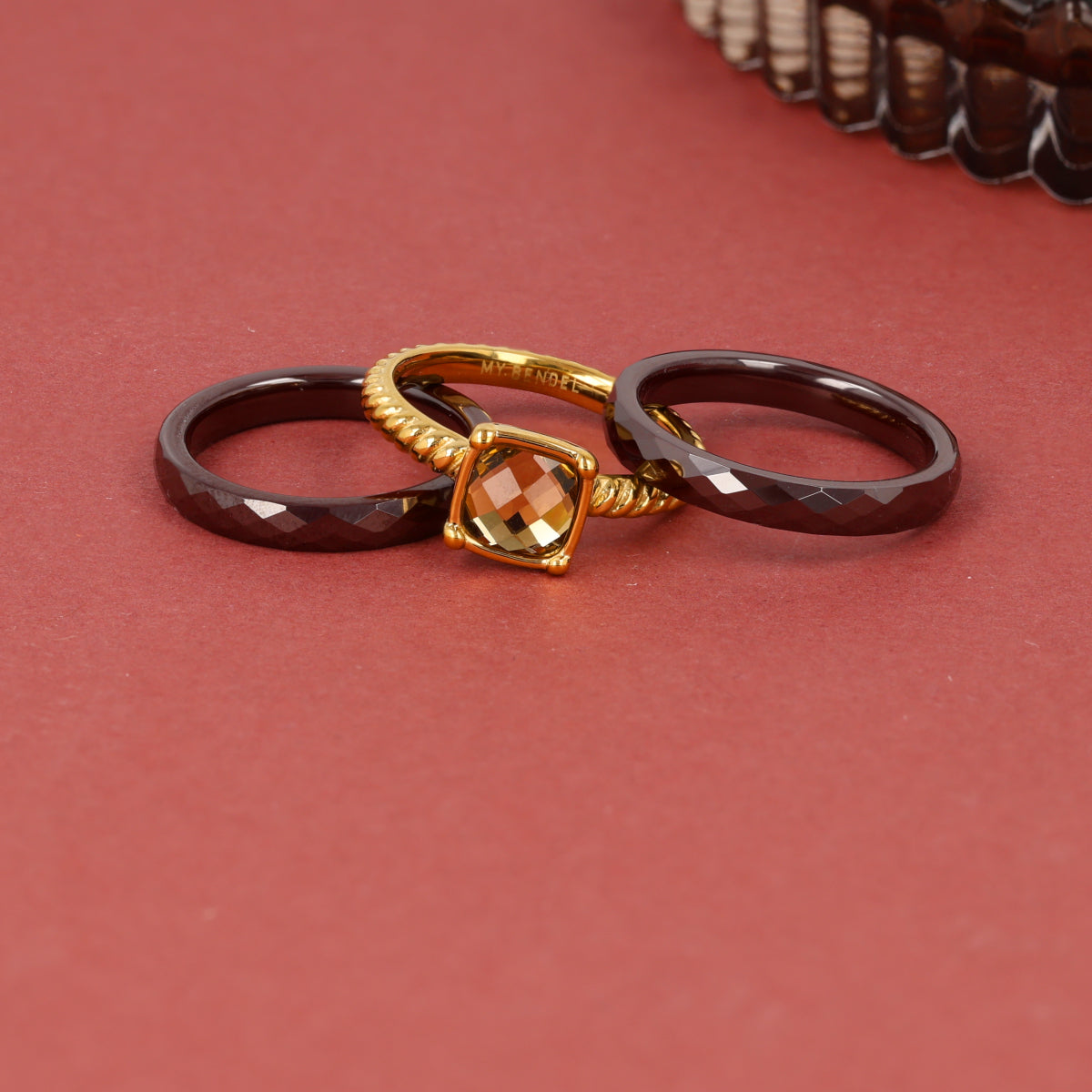 Ribbed Ring with Square Glass Stone • Smoky Topaz