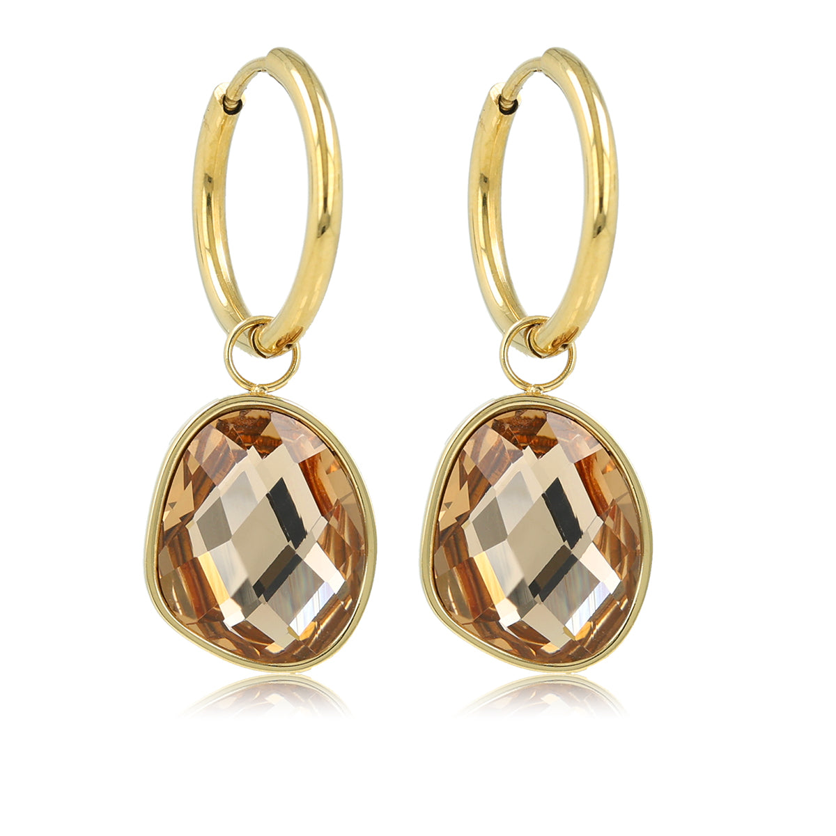 Gold Earring with Crystal Glass Pendant in Champagne Color