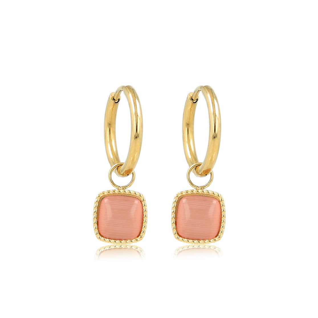Gouden Oorring met Vierkante Hanger van Pink Moonstone