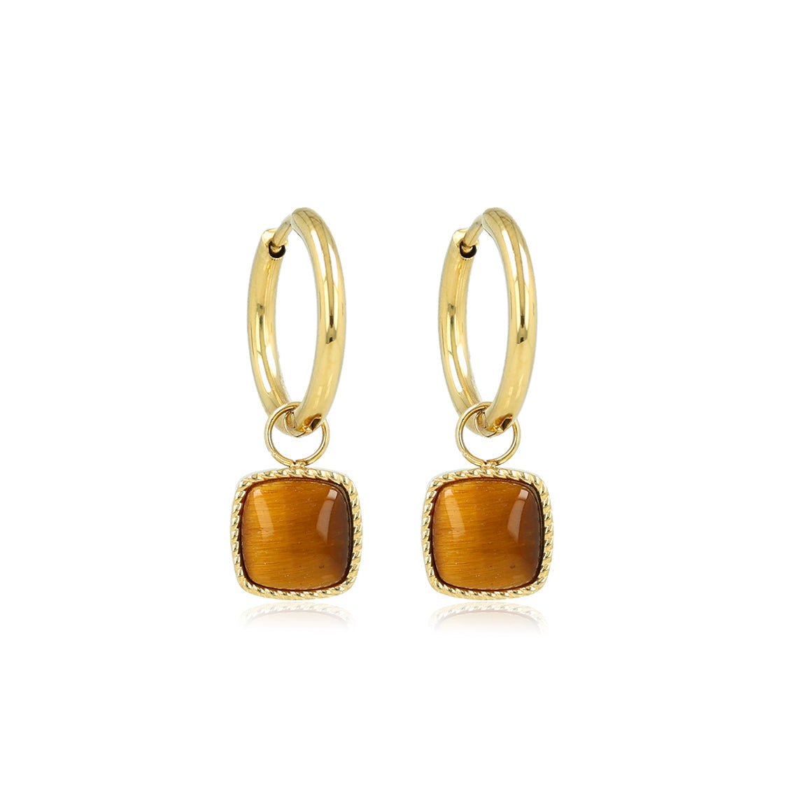 Gouden Oorring met Vierkante Hanger van Tiger Eye