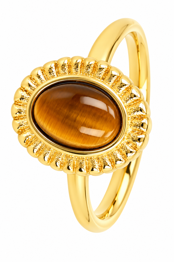 Ring met Ovale Edelsteen en Ribbelrand • Tiger Eye